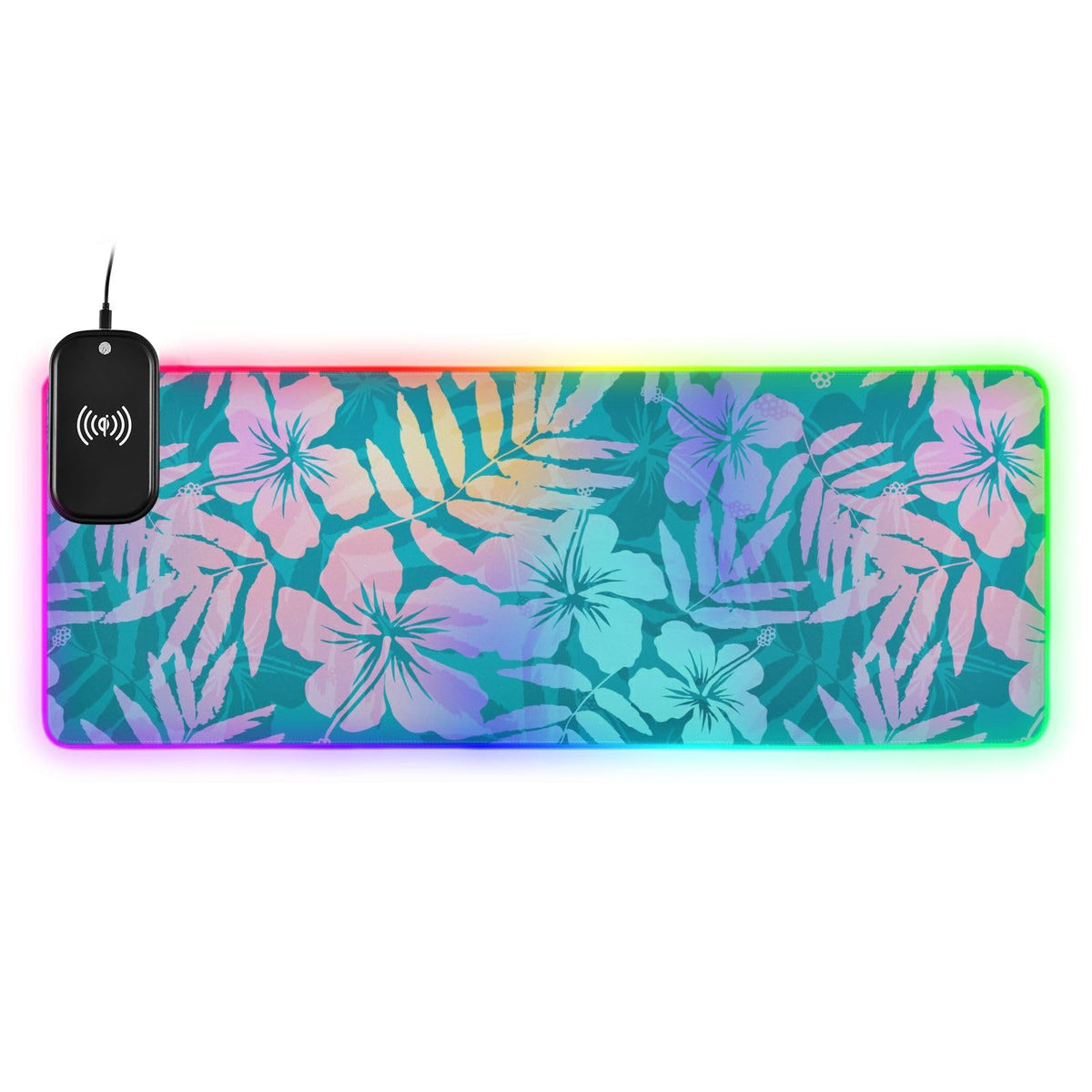 Blue Pink Flowers Wireless Charging Mouse Pad for Mobile Phone Extra Large Gaming Mousepad with 13 Lighting Modes Computer Mat for Gaming MacBook PC Laptop Desk Home Office