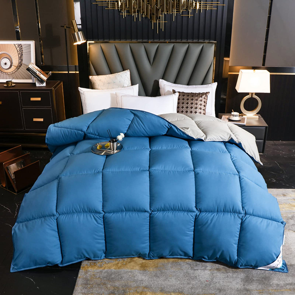 Duvet Insert, Goose Down & Feather Duvet, 95% High Purity White Goose Down Inner Core, High-density Cotton Cover, Anti-wrinkle Dustproof Anti-allergic Duvet (Blue,180 * 220cm 2kg)