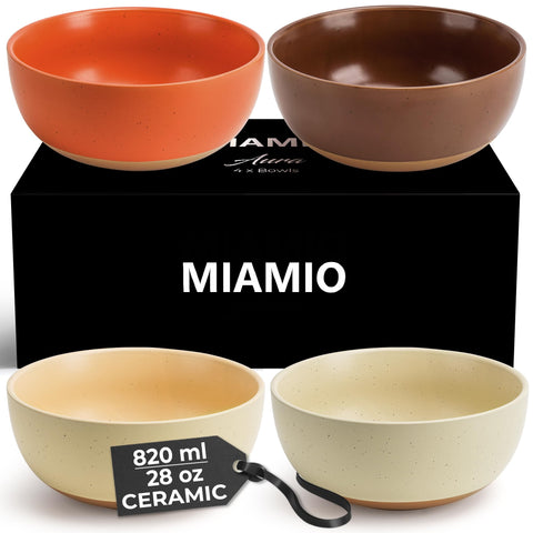 MIAMIO - Set of 4, 750 ml Ceramic Soup Bowls/Cereal Bowl Set for Salad, Oatmeal, Fruit, Rice - Dishwasher & Microwave Safe - Aura Collection
