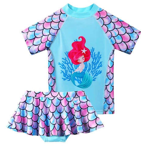 BAOHULU Girls Two Piece Swimsuits Rash Guard Cute Pattern Short Sleeves UPF 50+ S385_ScaleBlue_14A