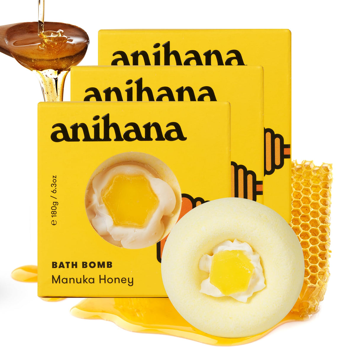 ANIHANA Bath Bombs 3 Pack | Coconut Oil Calming Aromatic Bath Bomb | Manuka Honey | Birthday Gifts for Women, Mom & Teens | Me Time Spa Day