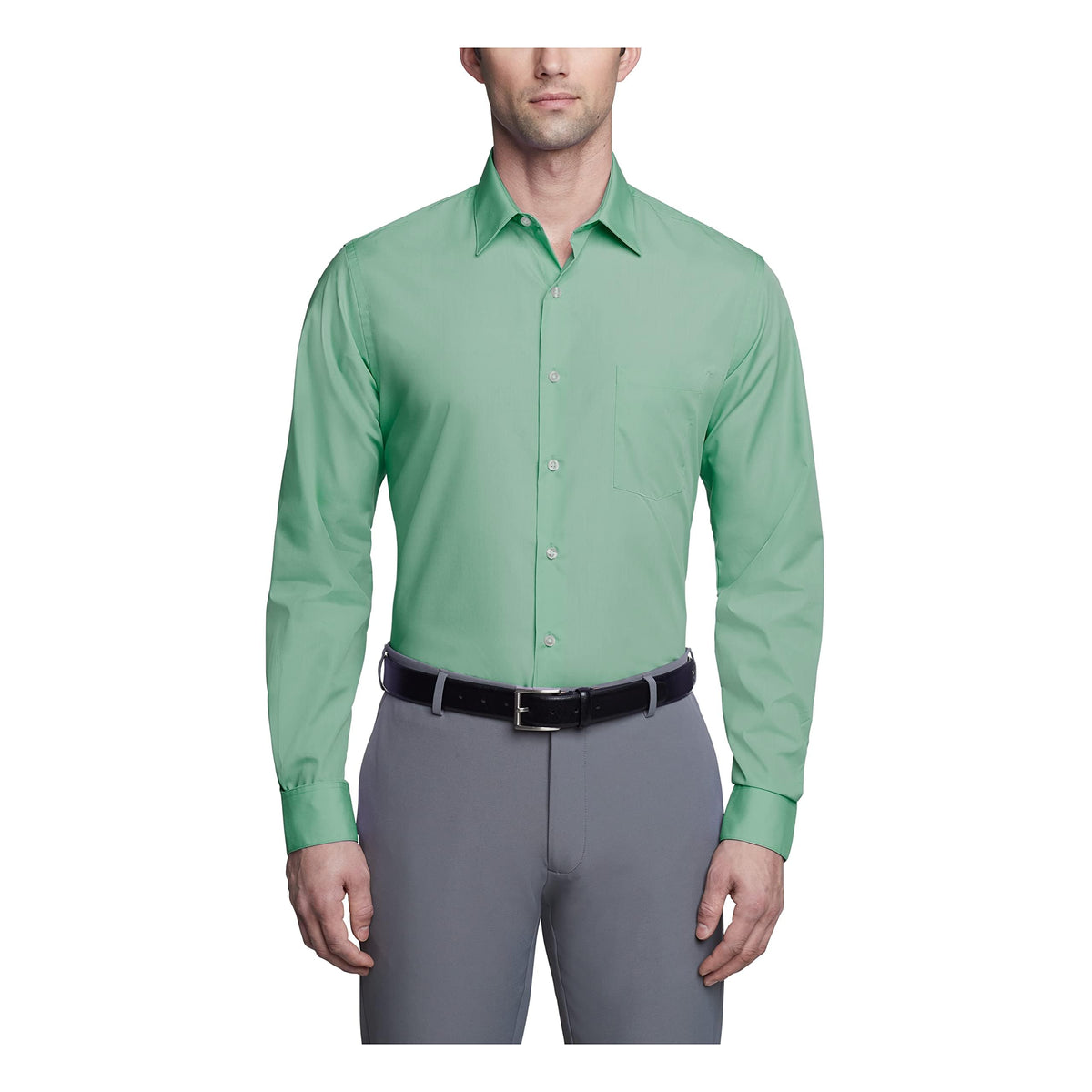 Van Heusen Men's Poplin Fitted Solid Point Collar Dress Shirt, Leaf, 16" Neck 36"-37" Sleeve