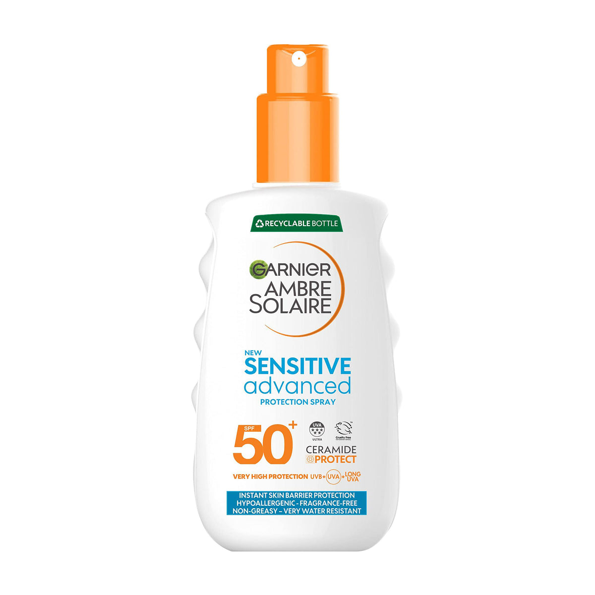 Garnier Ambre Solaire SPF 50+ Sensitive Advanced Sun Cream Spray, Factor 50, Water Resistant & Non Greasy Sunscreen, No Fragrance, UVA & UVB Protection, Approved by Cruelty Free International, 150ml