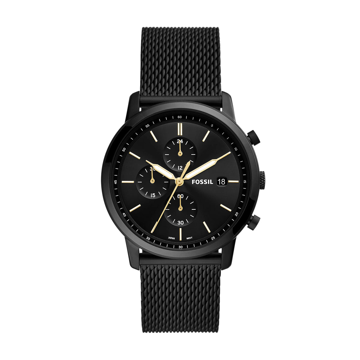 Fossil Watch for Men Minimalist, Chronograph Movement, 42 mm Black Stainless Steel Case with a Stainless Steel Mesh Strap, FS5943