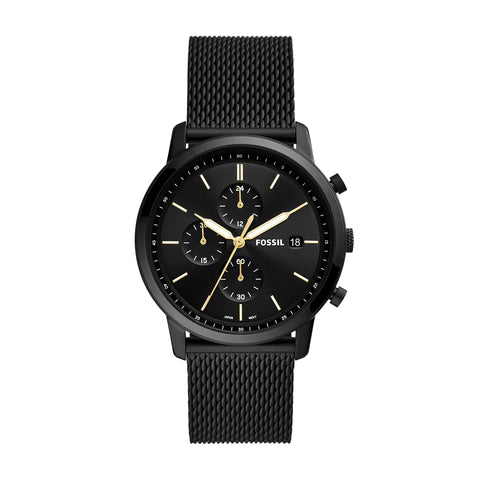 Fossil Watch for Men Minimalist, Chronograph Movement, 42 mm Black Stainless Steel Case with a Stainless Steel Mesh Strap, FS5943