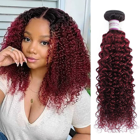 Ombre Burgundy Brazilian Curly Hair 1 Bundle, 100% Unprocessed Human Hair Bundle Deals Black to Dark Red Kinky Curly Hair Extensions 1B 99J Ombre Hair (14")