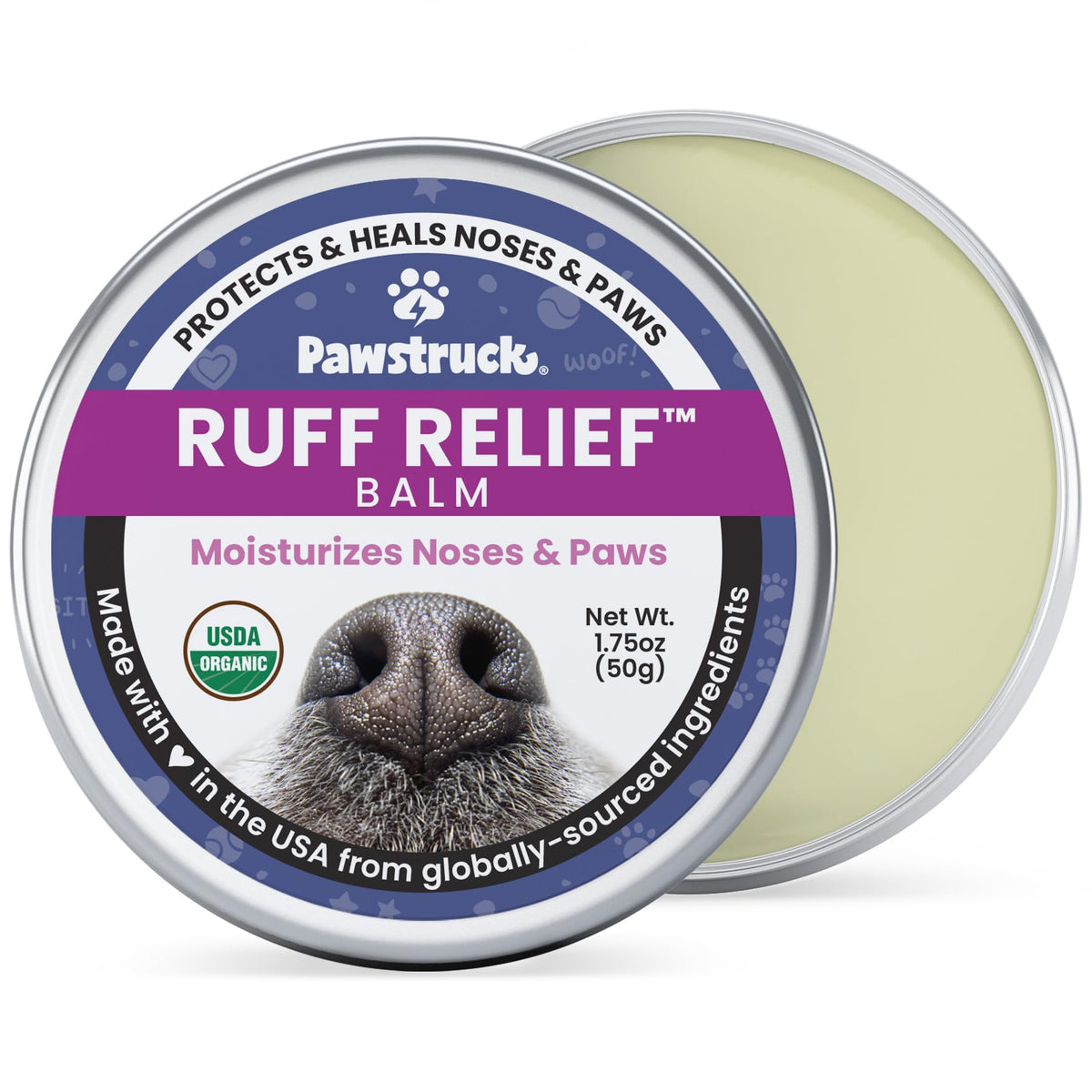 Pawstruck USDA Organic Natural Ruff Relief Wax Balm for Dogs - Moisturizes, Protects, and Heals Noses & Paws - Made in USA, Non-Toxic, Hypoallergenic - 1.75 oz - Packaging May Vary