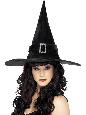 Smiffys Witch Hat, Black with Diamante Buckle, Halloween Fancy Dress Accessory, Witch Dress Up Hats