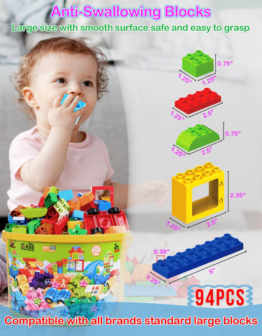 Large Building Blocks Set, 94 Pcs Classic Big Blocks STEM Toy Bricks, Kids Pre-School Toy Early Learning First Building Blocks, Ideal Great Gift for Toddler Boys Girls Age 3,4,5,6,7,8+