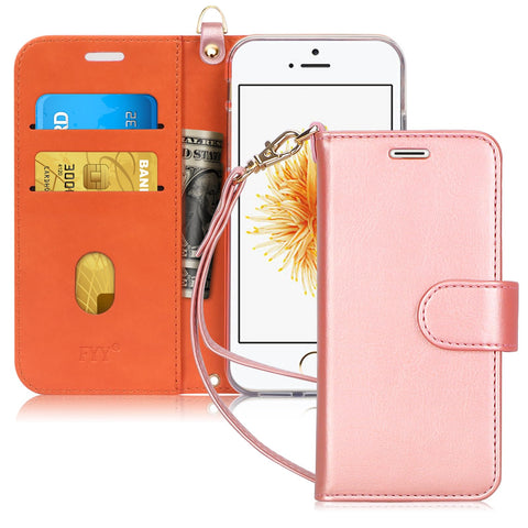 FYY Designed for iPhone SE Case 2016 (1st Generation) / iPhone 5 Case/iPhone 5s Case, Luxury PU Leather Wallet Phone with Card Holder Protective Shockproof Kickstand Case Cover Rose Gold