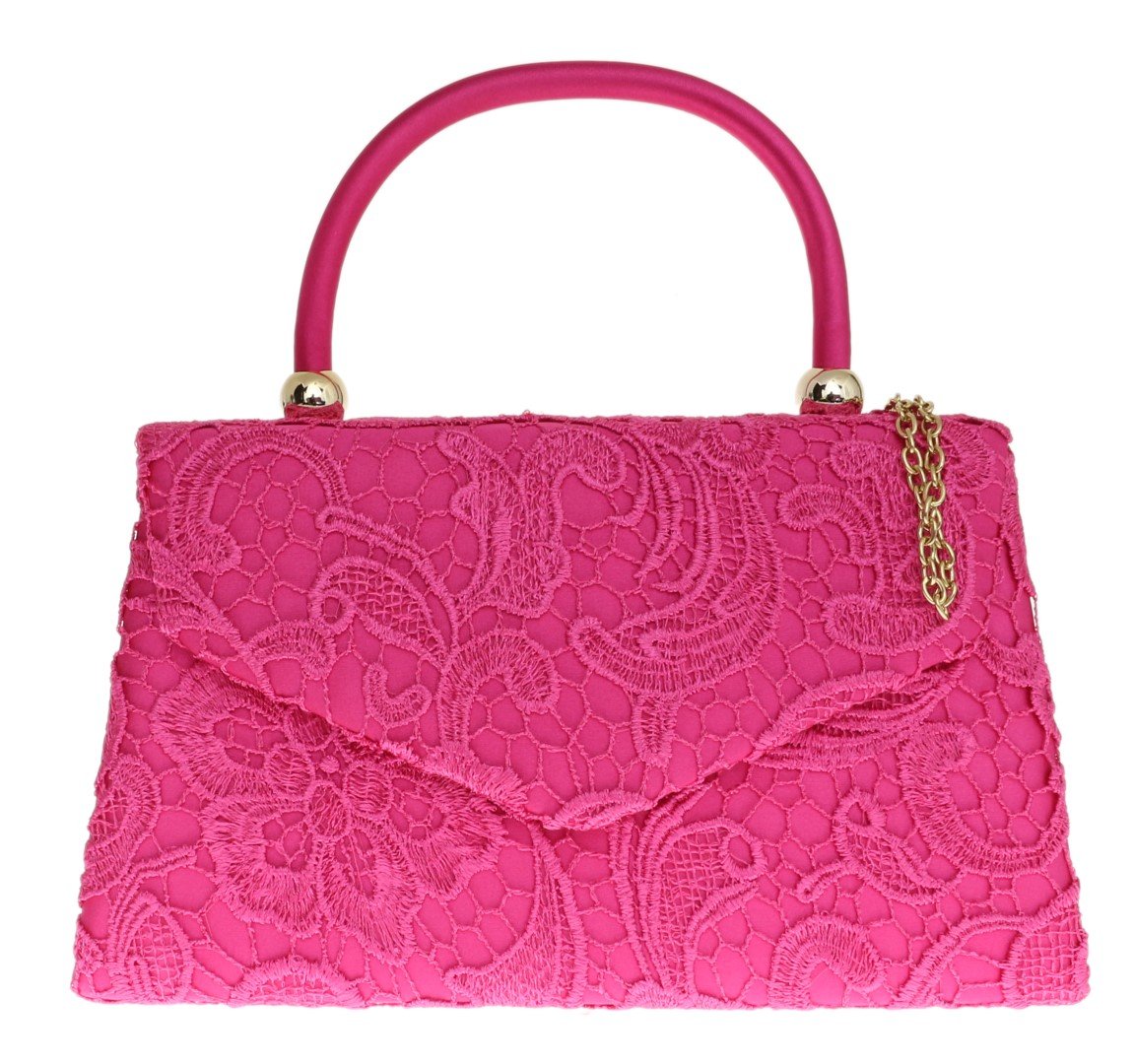 Girly Handbags Womens Lace Satin Top Handle Clutch Bag (Fuchsia)