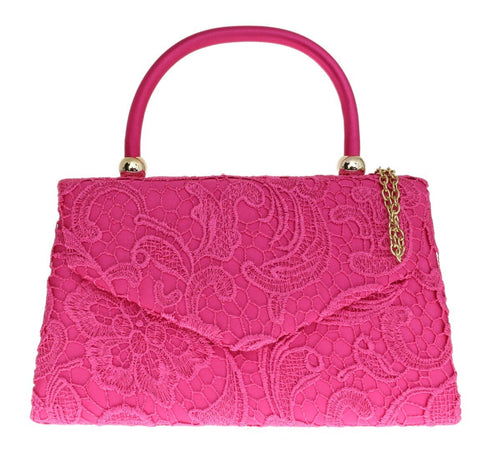 Girly Handbags Womens Lace Satin Top Handle Clutch Bag (Fuchsia)