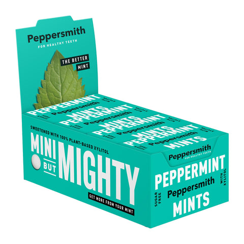 Peppersmith - British Peppermint Mints - 100% Plant Based Xylitol - Breath Freshener - Sugar Free Mints - Benefits Oral Health - Pocket Packs - 12x15g