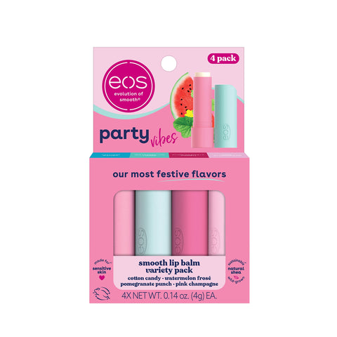 eos Party Vibes Lip Balm Variety Pack- Cotton Candy, Watermelon FrosÃƒÆ’Ã†â€™Ãƒâ€šÃ‚Â©, Pomegranate Punch & Pink Champagne, All-Day Moisture Lip Care Products, 0.14 oz, 4-Pack