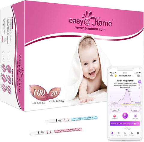 Easy@Home 100 x Ovulation Test Strips and 20 x Pregnancy Test Strips - Fertility Test Kit, Powered by Premom Ovulation Predictor iOS and Android App (100 LH + 20 HCG)