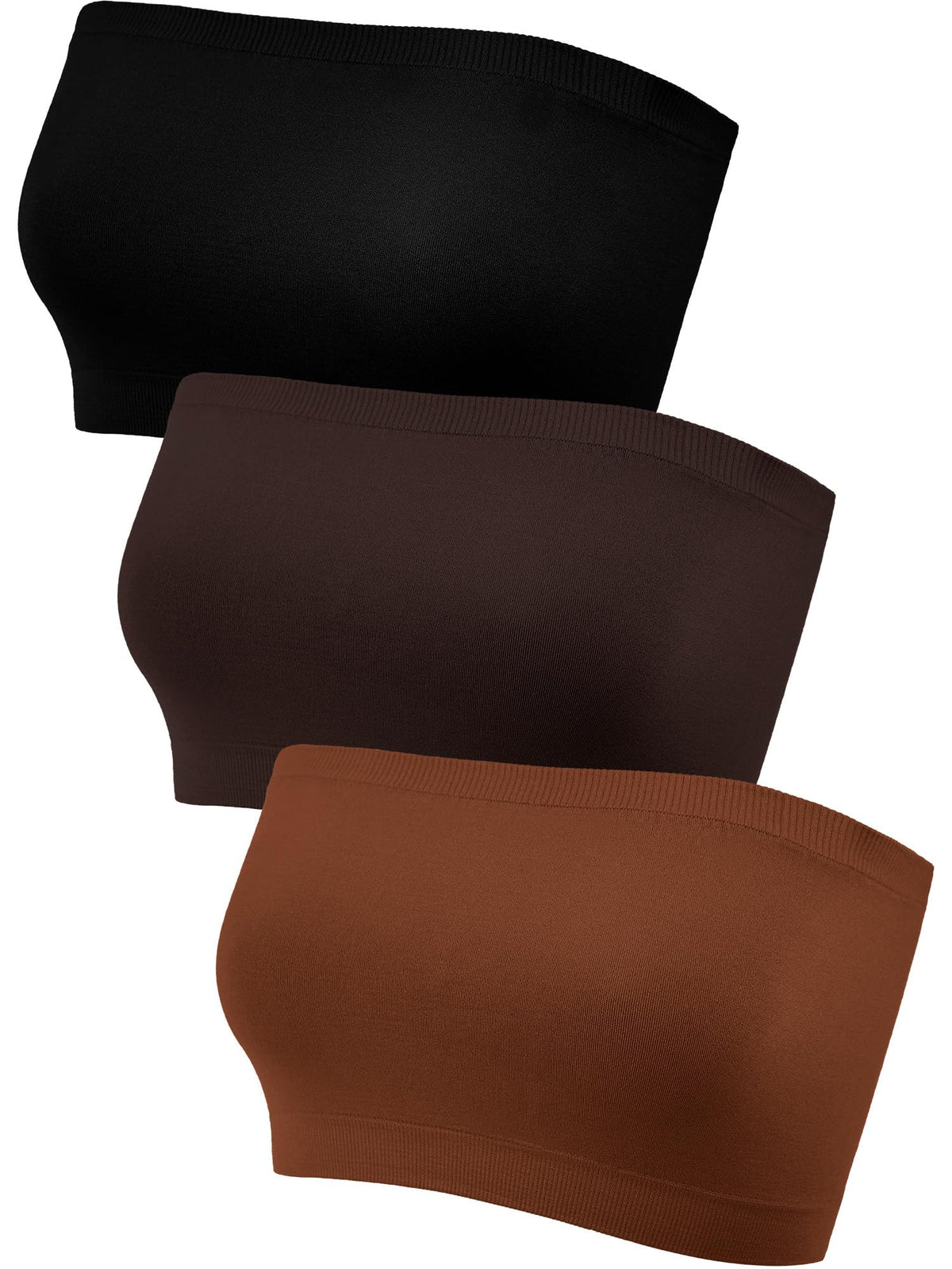 Women's Strapless Bralette Seamless Bandeau Stretchy Non-Padded Bandeau Tube Top Bra in Multi Color, 3 Pieces, Black, Light Caramel, Dark Brown, S/M