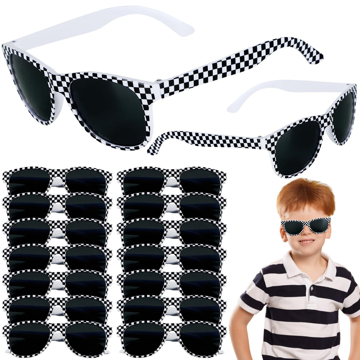16 Pack Race Car Checkered Sunglasses White Frame Black Checker Sunglasses Bulk for Kids Race car Party Essentials & Gear Up With Race car Plastic Sunglasses for Racing Theme Birthday Party Gifts