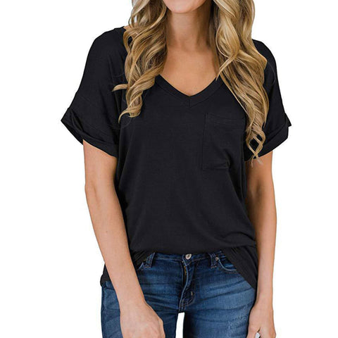 Bestgift Women's V-neck pocket T-shirt short-sleeved loose tops Black 4XL