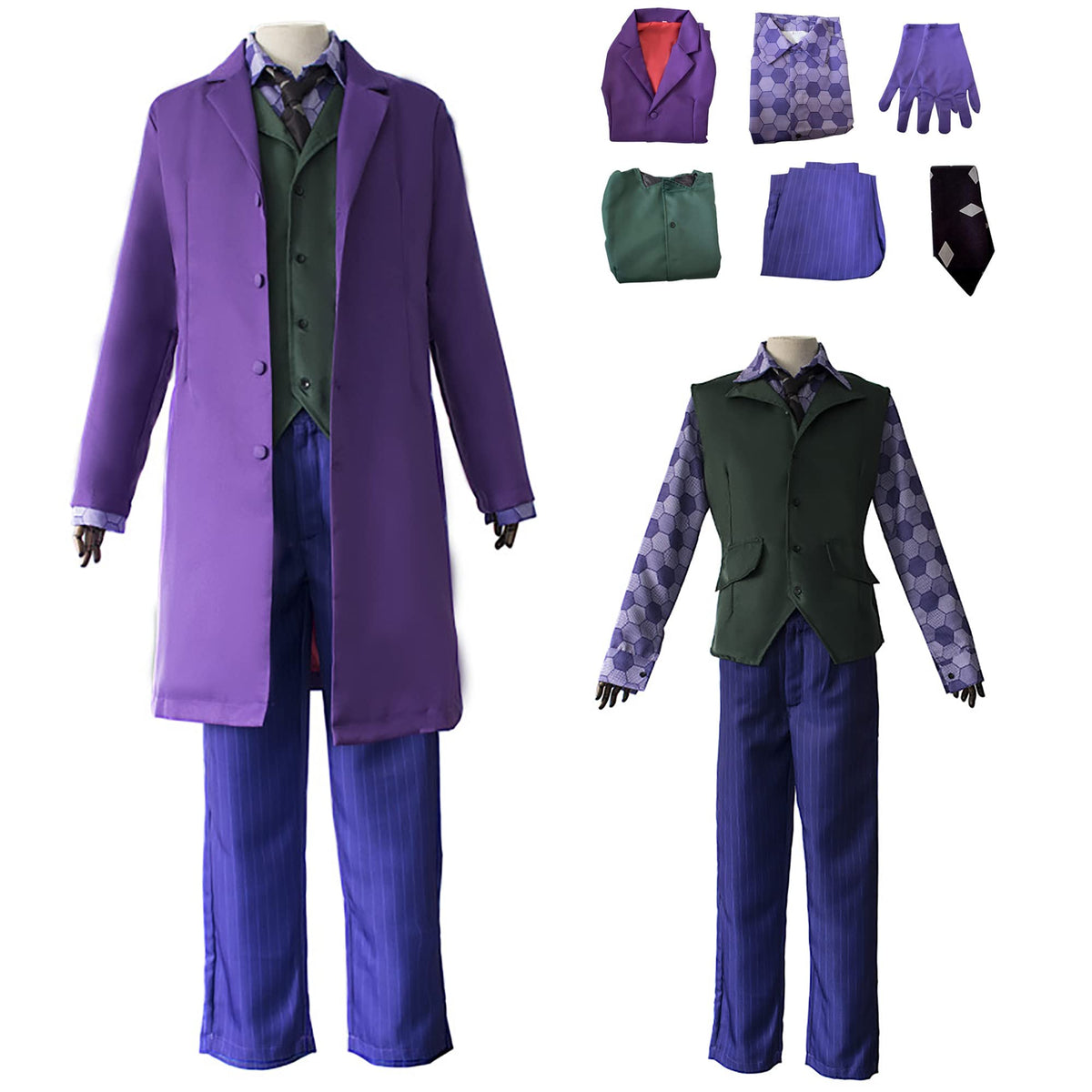 SINSEN Joker Costume for Men 6 PCS Cosplay Knight Pant Suit Adult Coat Shirt Vest Fancy Dress Halloween Party Outfit (Small)