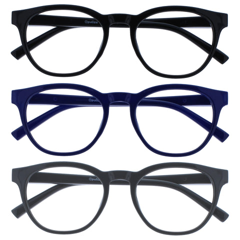 OPULIZE Blu Reading Glasses with Blue Light Blocking 3 Pack Cool Round Frame Spring Hinges Improve Sleep Computer Gaming Anti-Reflective Black Blue Grey Mens Womens BBB5-137 +1.00