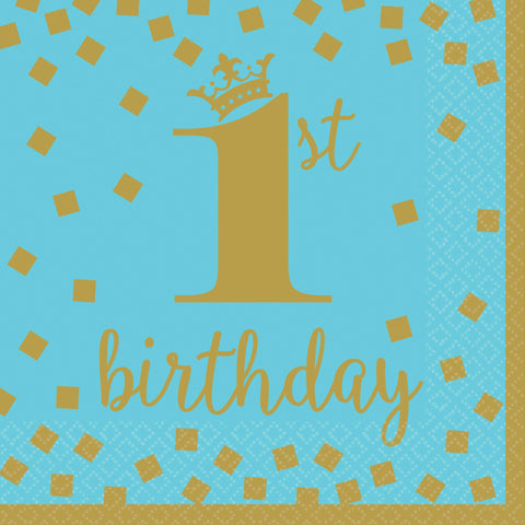 Blue 1st Birthday Boy Luncheon Paper Napkins - 6.5" x 6.5" (Pack Of 16), Soft & Absorbent, Premium Quality & Adorable Design - Ideal For First Birthday Celebration Decor & Tableware