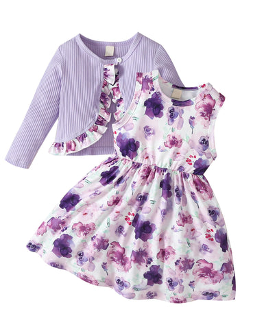 puseky Baby Girls Dress and Cardigan Set Baby Girl 18-24 Months Floral Print Sleeveless Dress and Coat 2 Piece Outfits Set