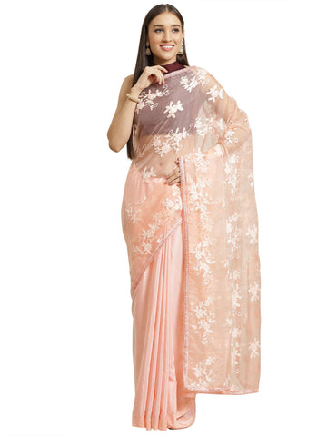 AKHILAM Women's Organza Saree with Blouse Piece (DWJ100_ Saree_Free Size) (Peach), Peach, One size, Peach, One Size