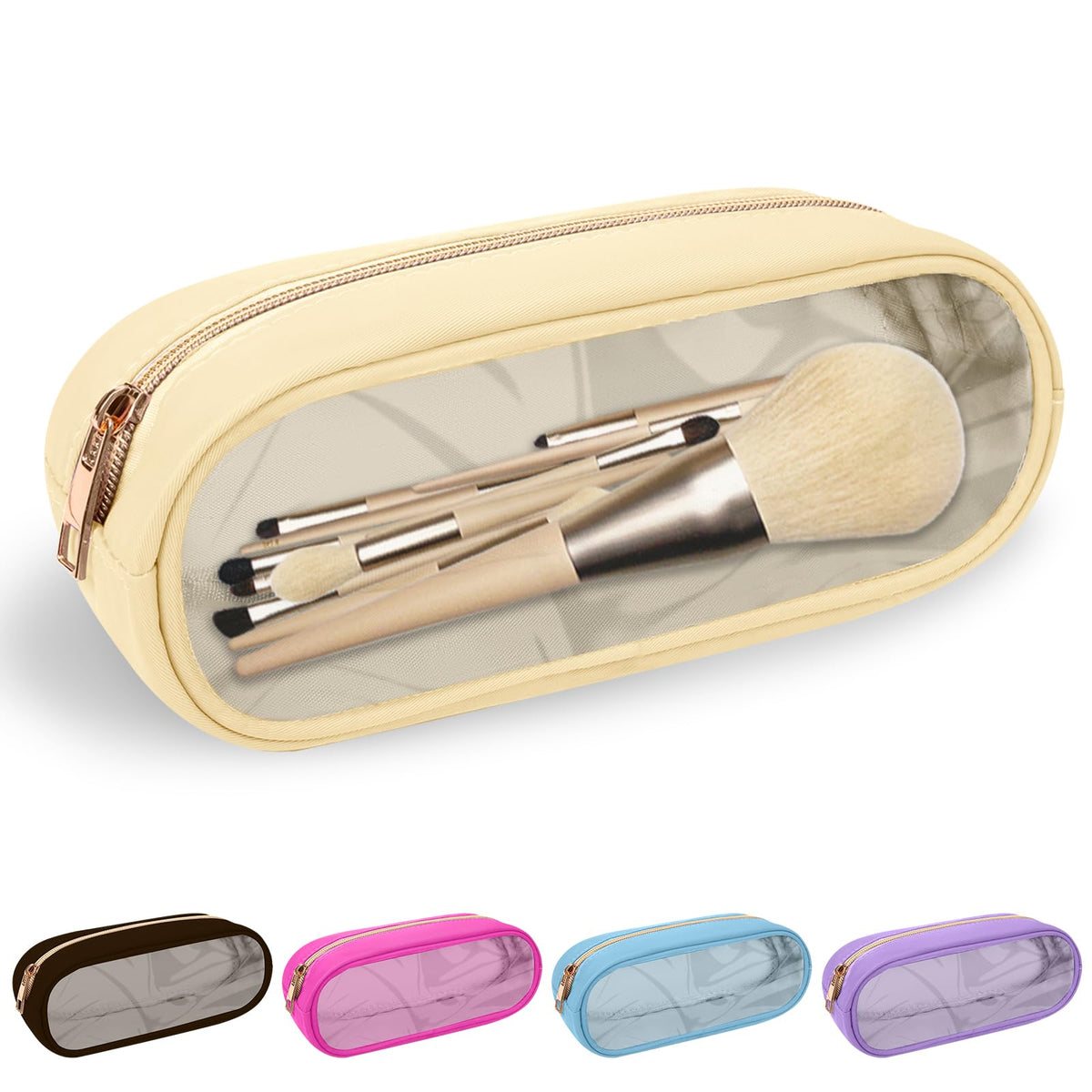 Nylon Small Clear Makeup Bag Slim Pouch, Cute Makeup Bag Preppy Cosmetic Zipper Pouch Makeup Brush Case for Purse, Travel PVC Toiletry Bag Clutch Coin Pouch Makeup Brush Bag for Women Girls(Beige)