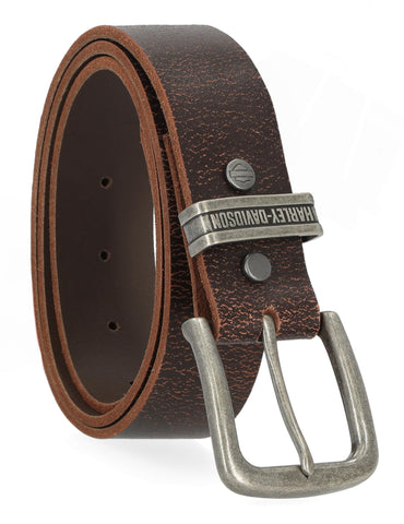 Harley-Davidson mens MenÃ¢â‚¬â„¢s 38mm Leather Belt, Brown (Engraved), Medium (34-36)