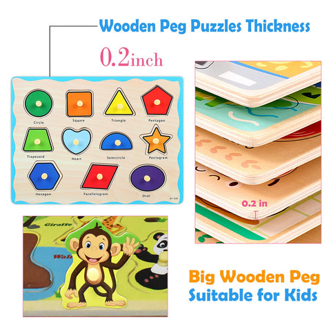 Wooden Puzzles for 3 Year Old-Wooden Toy Peg Puzzle Montessori Preschool Toys for baby & Toddlers, Early Education Games-Animals Puzzles Wooden Toy 3+ Gift for Boy or Girl. (Shapes)
