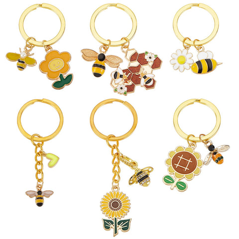 OLYCRAFT 6 Pcs Alloy Enamel Keychains Bee Flower Key Chain Sunflower Honeycomb Key Ring Pendants for Purse With Rectangle Velvet Pouches for Women Men Car Purse Bag - 6 Styles
