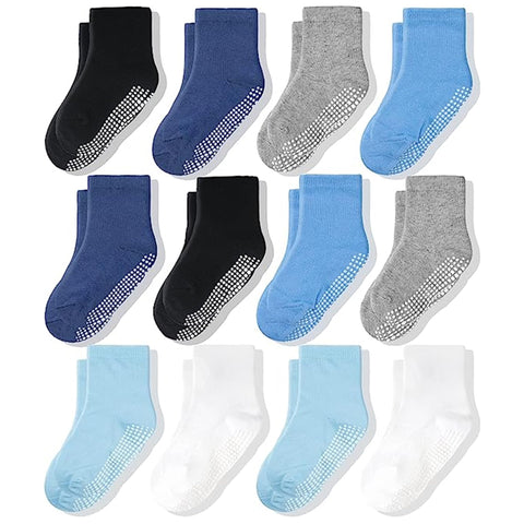 CozyWay Non-Slip Crew Grip Boys Socks, 12 Pack for Boys, Black/White/Gray/Blue/Light Blue/Aqua, 7-9 Years Old