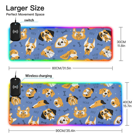 Dog Face-01 Wireless Charging Mouse Pad for Mobile Phone Extra Large Gaming Mousepad with 13 Lighting Modes Mouse Mat for Office Home Gaming MacBook PC Laptop Desk