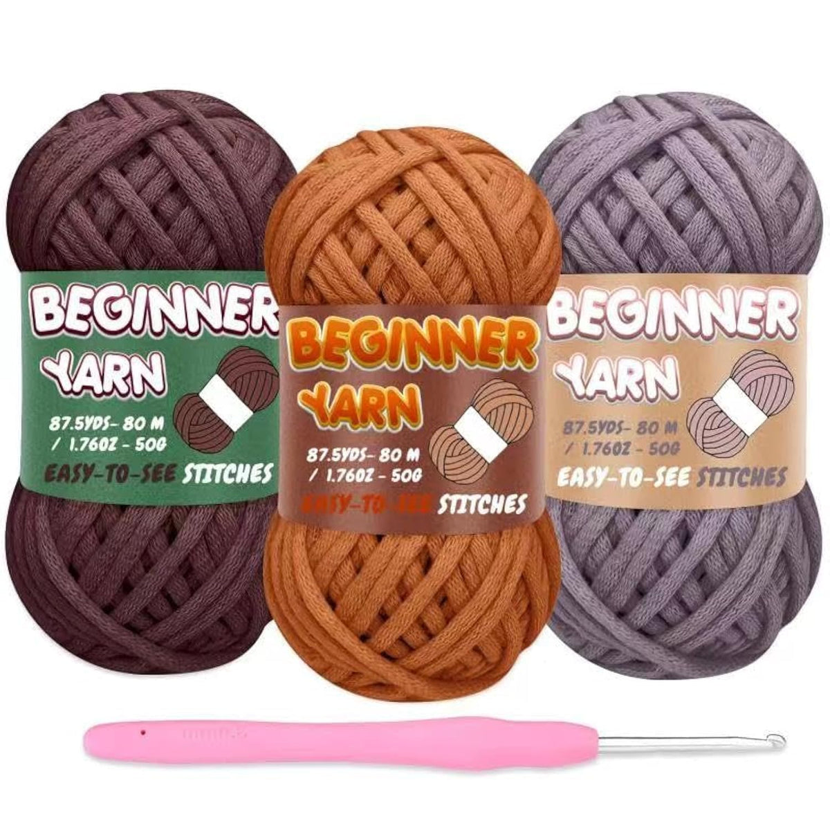 3 Pack Beginners Crochet Yarn, Chocolate Brown Grey Caramel Yarn for Crocheting Knitting Beginners, Easy-to-See Stitches, Chunky Thick Bulky Cotton Soft Yarn for Crocheting (3x50g)