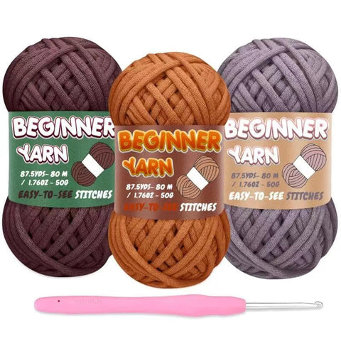 3 Pack Beginners Crochet Yarn, Chocolate Brown Grey Caramel Yarn for Crocheting Knitting Beginners, Easy-to-See Stitches, Chunky Thick Bulky Cotton Soft Yarn for Crocheting (3x50g)
