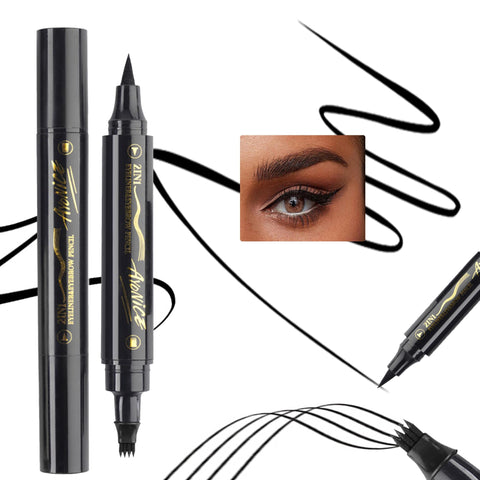 Easilydays Black Microblading Eyebrow Pen, 2-in-1 Waterproof Dual-Ended Eyebrow Pen for Women with 4 Fork Tip Applicator & Precise Brush-Tip, for Natural-Looking Hair-Like Defined Brows, Last All-Day