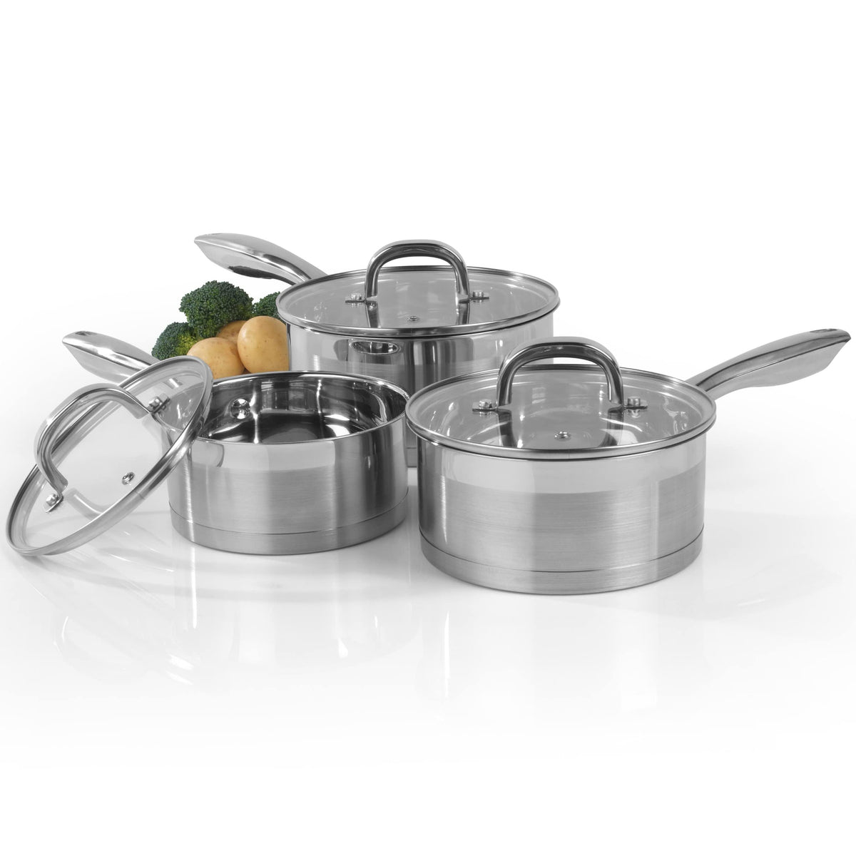 Salter BW06734 3 Piece Stainless Steel Saucepan Set, Flat Glass Lids With Steam Vents, Lightweight 16/18/20cm Cooking Pans, Induction Hob/Dishwasher Suitable, Easy Clean Scratch Resistant Satin Finish