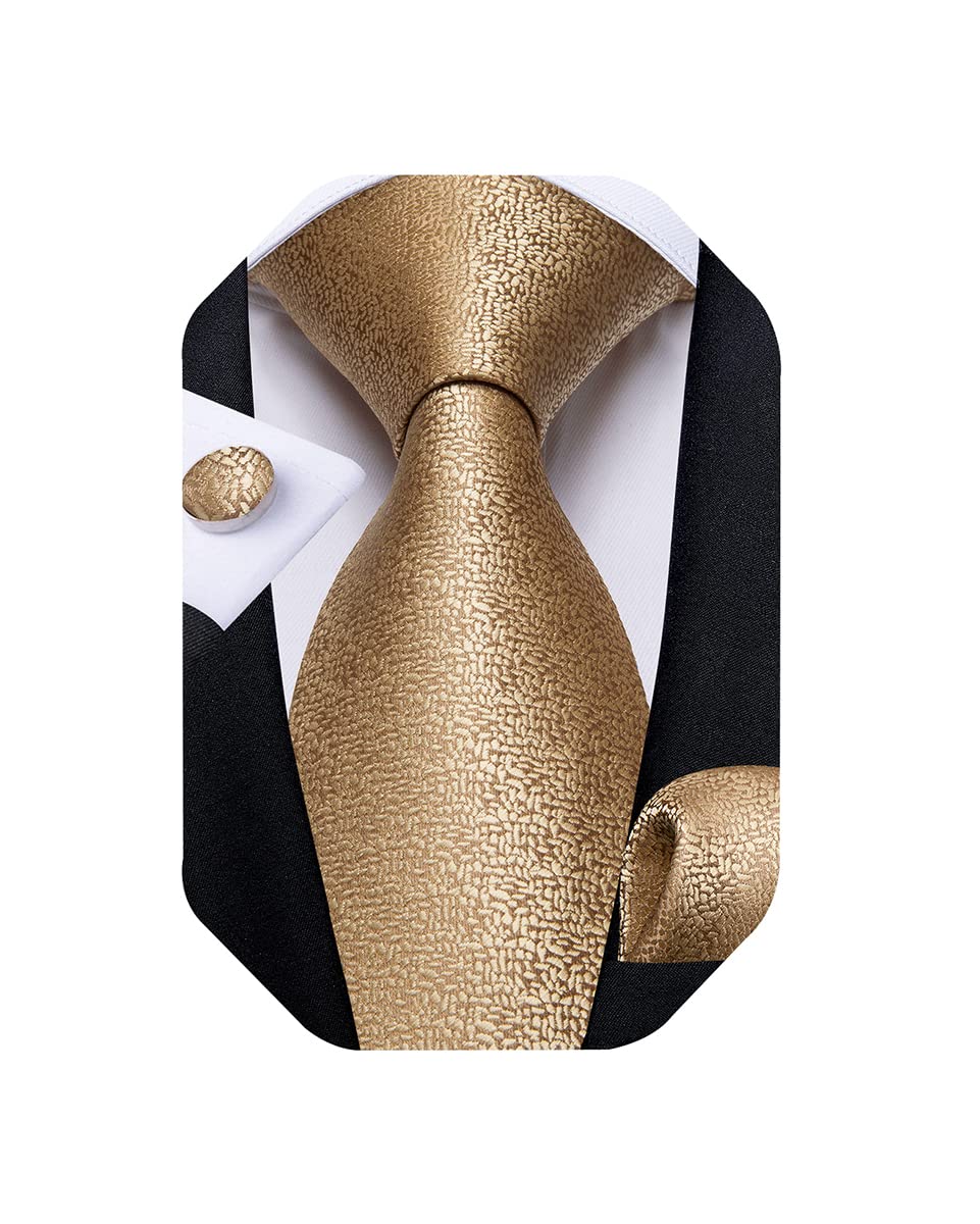 DiBanGu Mens Solid Color Tie and Pocket Square Set Woven Silk Plain Necktie & Handkerchief for Men Wedding Party Formal, Gold