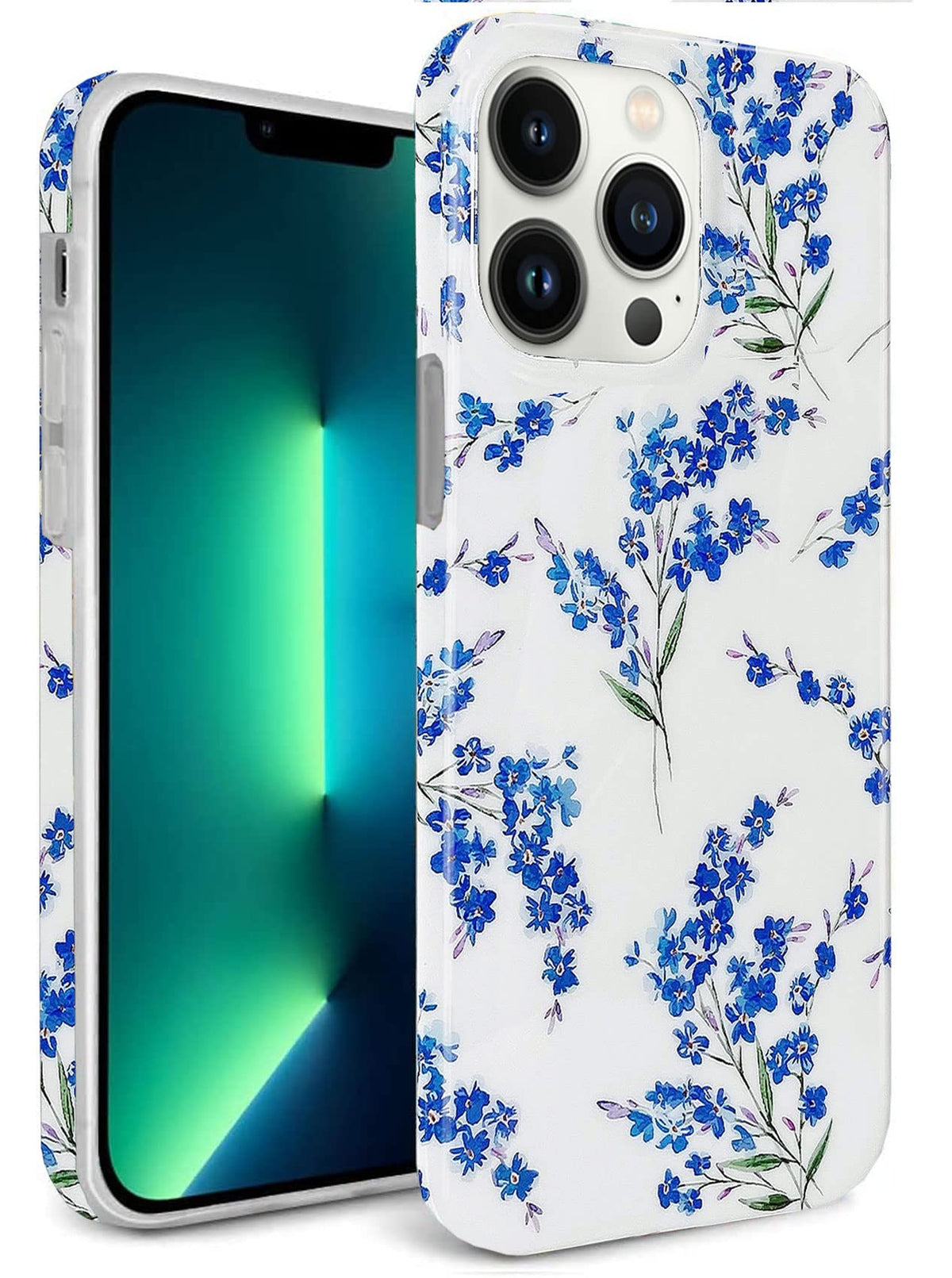 J.west Floral iPhone 13 Pro Max Case, Soft TPU Design, Shockproof Bumper for Women & Girls - 6.7" Blue