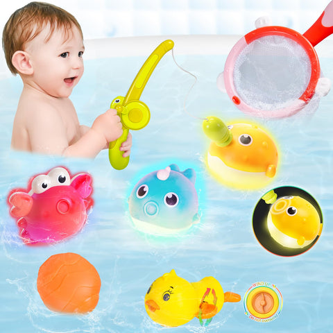 Highttoy Baby Bath Toys, Fishing Toys Game Set with 3 Light Up Magnetic Fishing Bath Toys, Wind Up Swimming Duck, Fishing Net, Squirt Ball Floating Bathtub Pool Toys for Kids Toddlers Baby Bath Time
