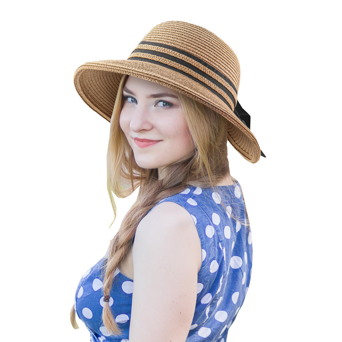 Sun Hats for Women,Wide Brimed Beach Sun Straw Hat UV UPF50, Foldable Straw Fedora Panama hat A-Brown