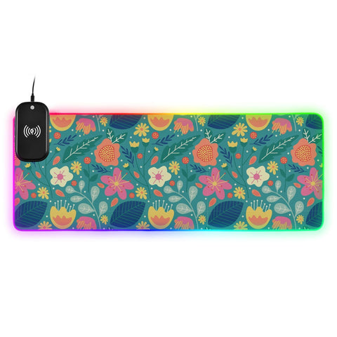 Flower Leaves Wireless Charging Mouse Pad for Mobile Phone Extra Large Gaming Mousepad with 13 Lighting Modes Mouse Mat for MacBook PC Laptop Desk Office Home Gaming