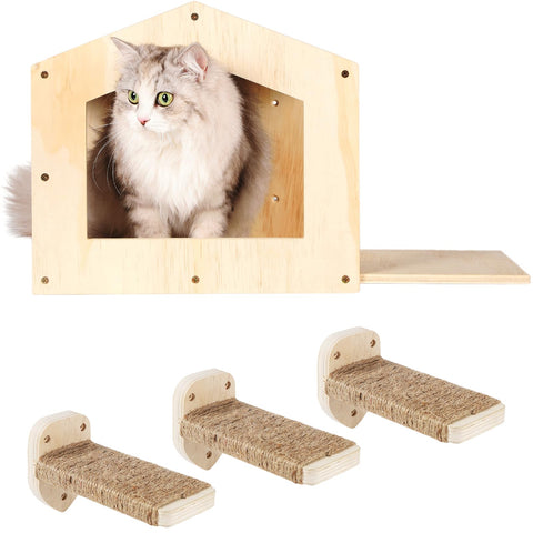 COOLEX Cat Wall Shelves, Cat Shelves for Wall, Cat House Wall Furniture, Cat Condo Shelf with 3 Steps Scratching Post, Cat Bed Hammock Wall Mounted, Climbing Shelf Wall Mount for Indoor Cats (Wood)