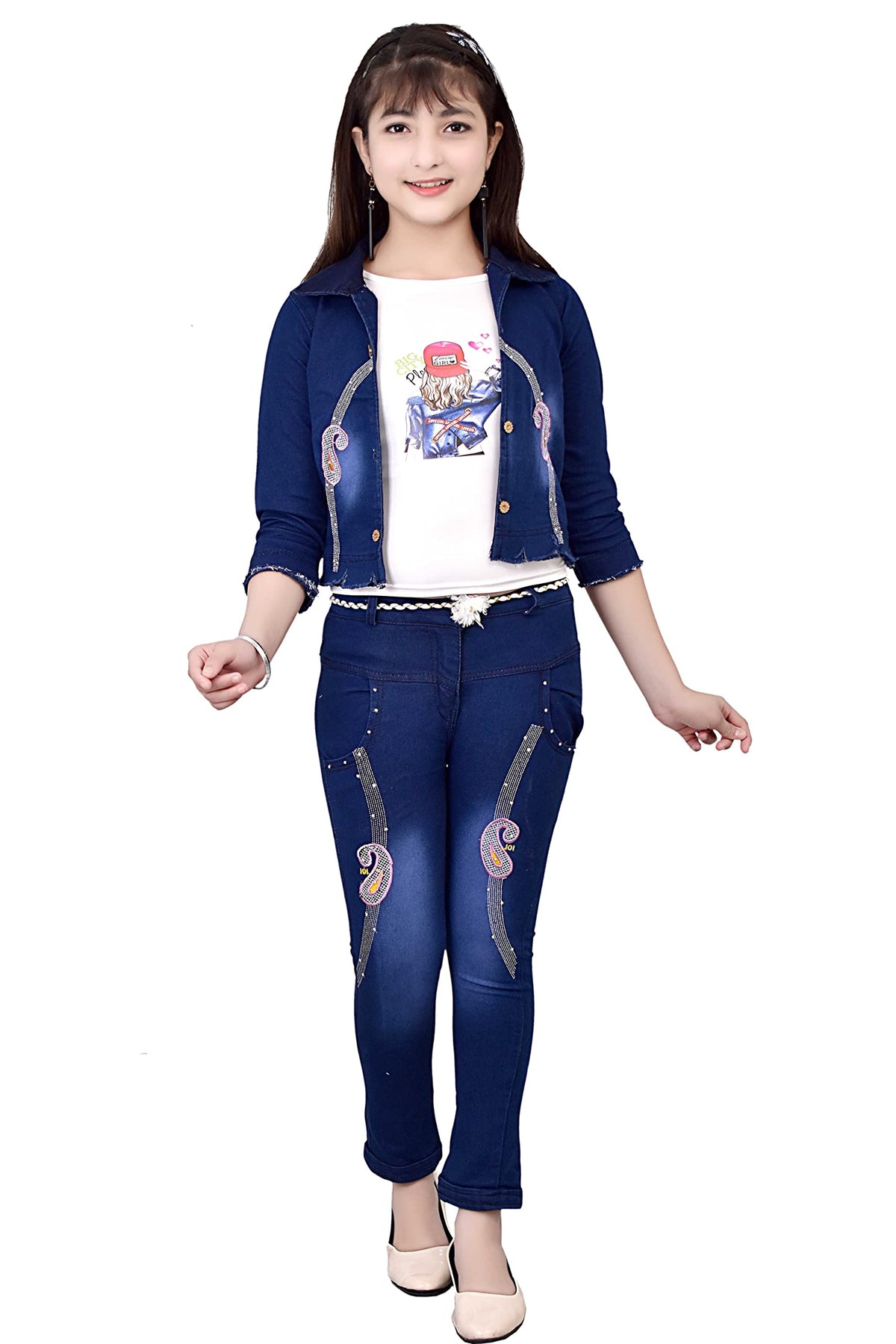 Arshia Fashions Girls Top and Jeans Set with Denim Jacket GR499, Blue, 10 Years-11 Years