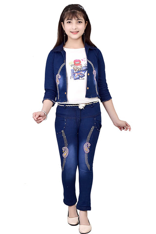 Arshia Fashions Girls Top and Jeans Set with Denim Jacket GR499, Blue, 10 Years-11 Years