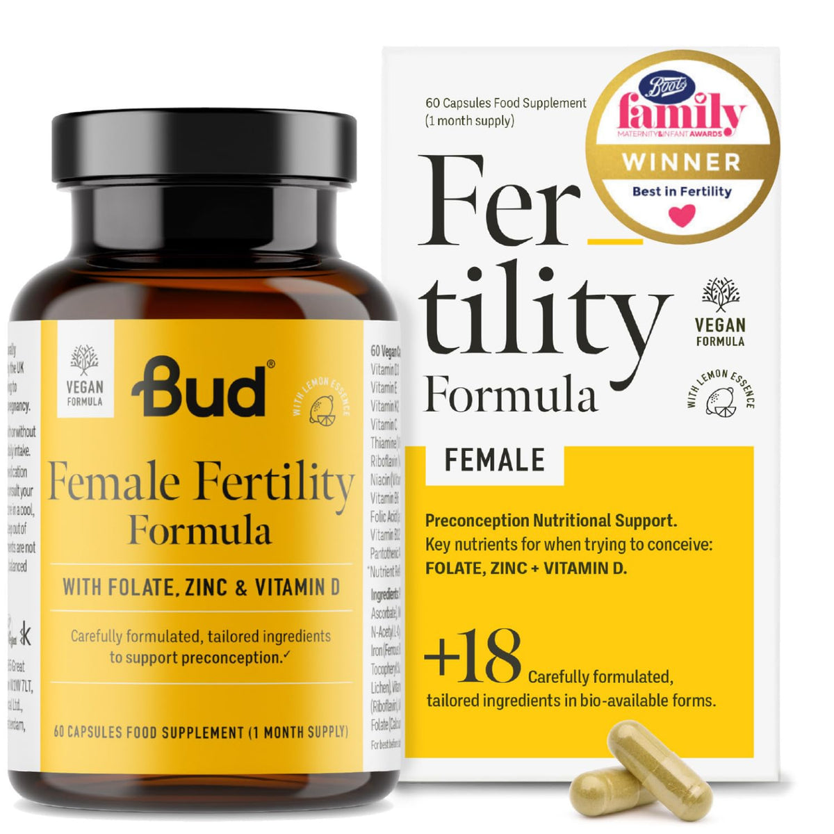 Bud Female Fertility Supplements for Women - Trying to Conceive Vitamins for Women with Folate (Folic Acid), Zinc, Vitamin D and Inositol - Conception Vitamins for Women (60 Capsules)