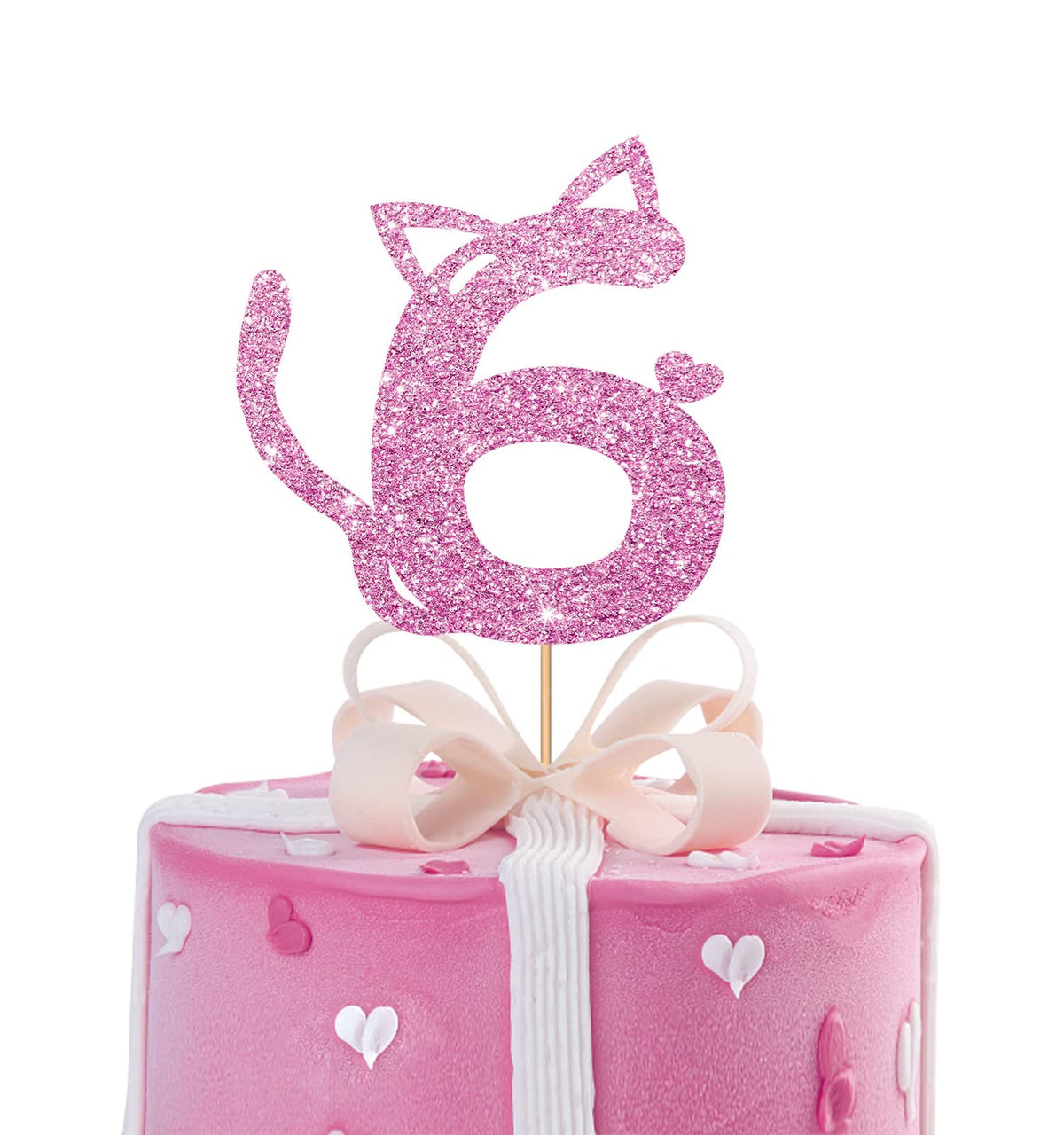 Cat Six Cake Topper, Number 6 Cake Topper for Baby Girl, Kitty Happy 6th Birthday Party Supplies, Pet Cat Six Years Old Party Decoration - Pink Glitter