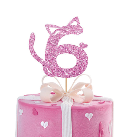Cat Six Cake Topper, Number 6 Cake Topper for Baby Girl, Kitty Happy 6th Birthday Party Supplies, Pet Cat Six Years Old Party Decoration - Pink Glitter
