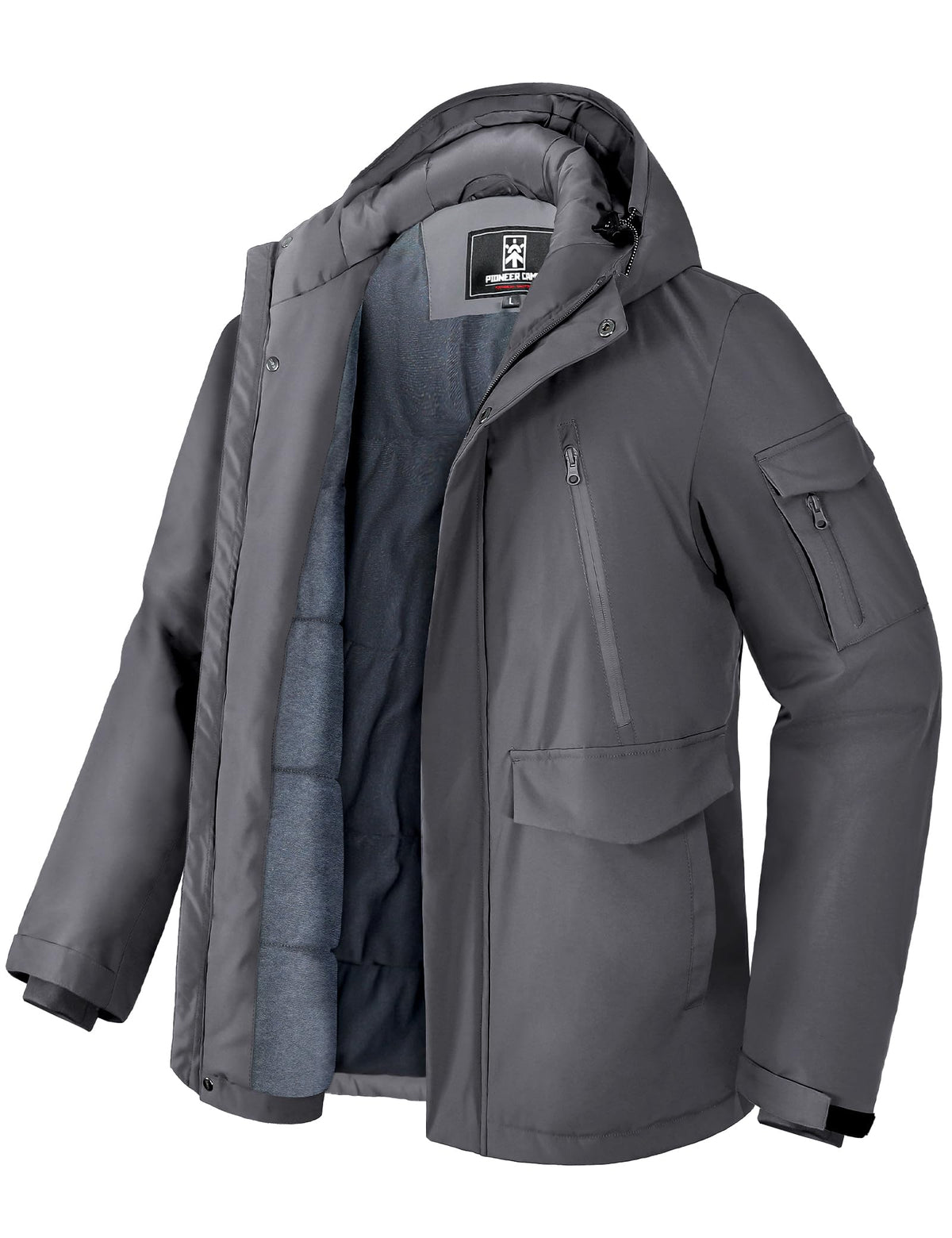 Pioneer Camp Men's Winter Coat Waterproof Fleece Lined Warm Winter Jacket with 9 Pockets Insulated Windproof Hooded Parka Charcoal Grey M
