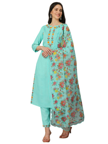 TRENDMALLS Women's Cotton Silk Embroidery Kurta Pant Suit Set (UKTM.G131-Turquoise-3XL)